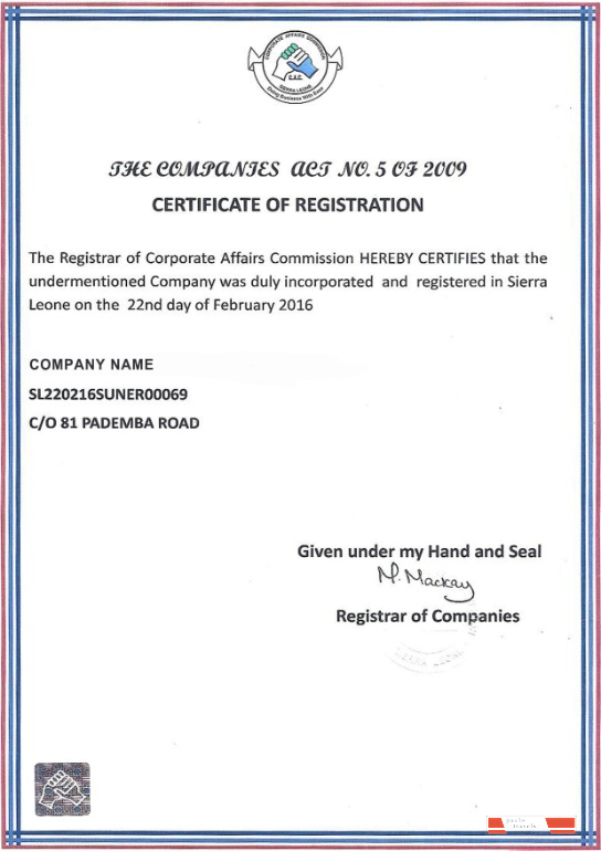 Sierra Lione Certificate of Registration